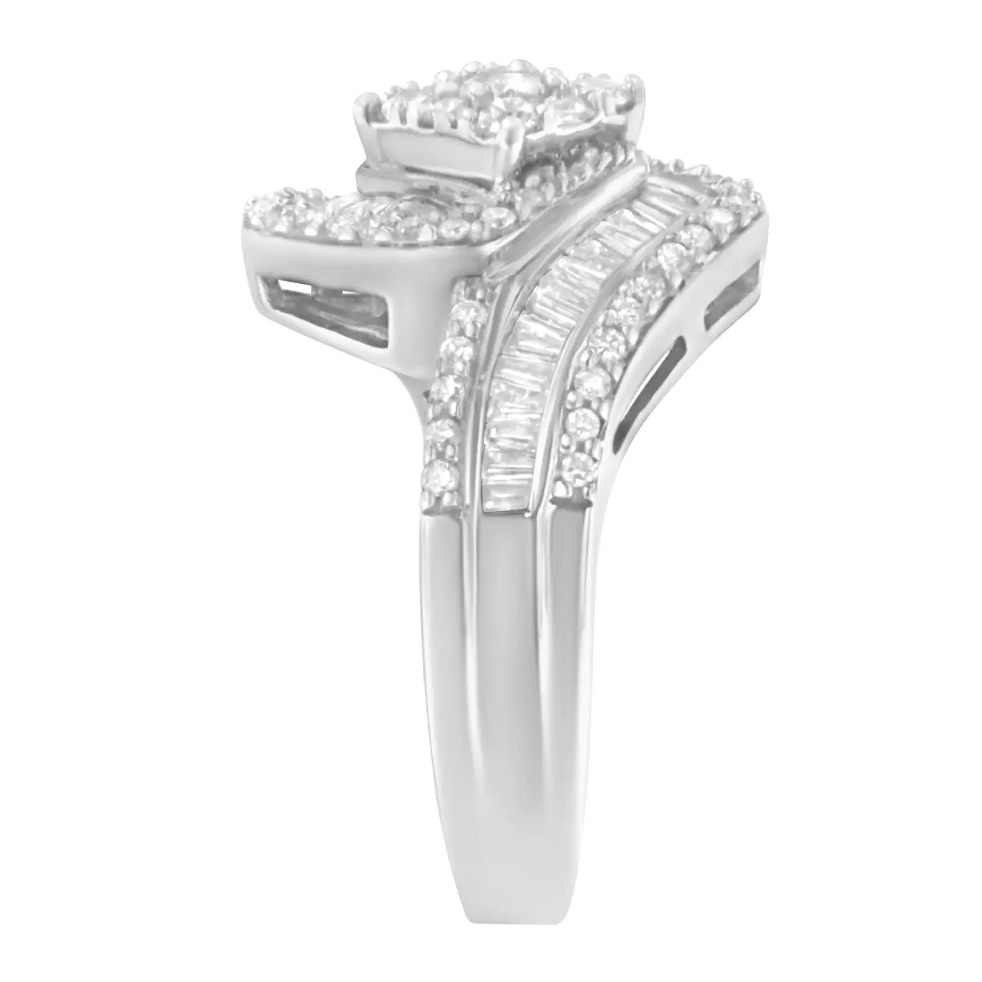 14K White Gold 1.0 Cttw Baguette & Brilliant-Cut Diamond Round Floral Cluster Engagement or Fashion Ring with Swirl Wrapped Triple Row Band (H-I Color, SI2-I1 Clarity)