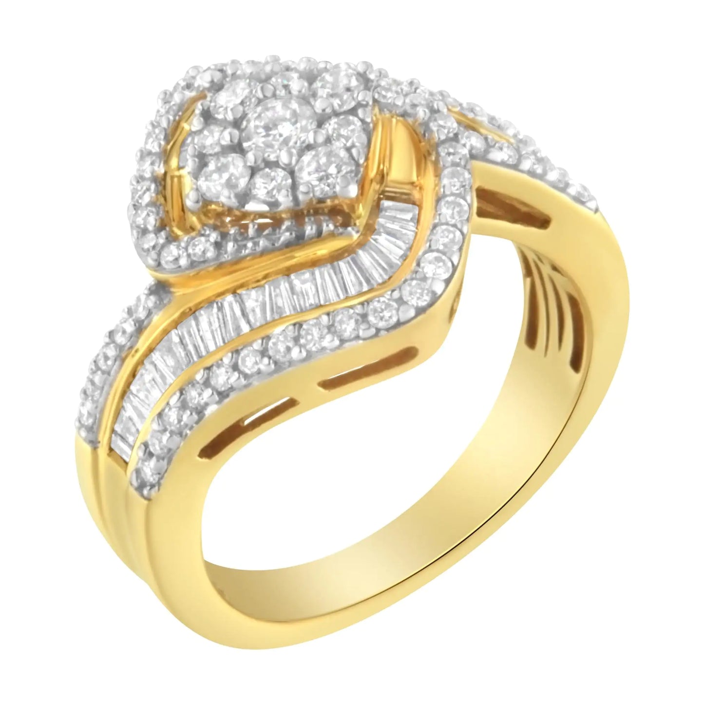 14K Yellow Gold 1.0 Cttw Baguette & Brilliant-Cut Diamond Round Floral Cluster Engagement or Fashion Ring with Swirl Wrapped Triple Row Band (H-I Color, SI2-I1 Clarity)