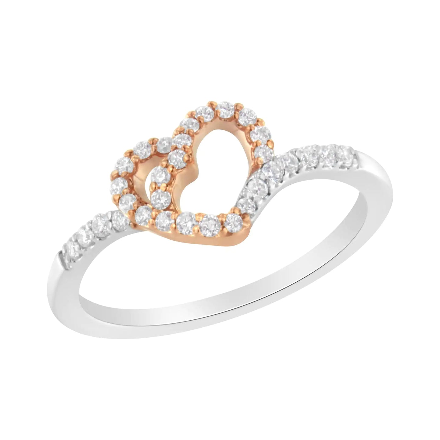 10K Rose Gold over .925 Sterling Silver 1/5 Cttw Diamond Two Tone Open Heart Promise or Fashion Ring (I-J Color, I2-I3 Clarity)