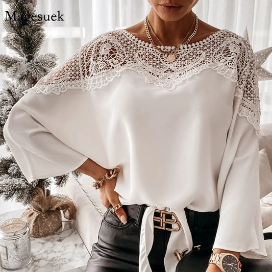 Blusas de encaje con bordado de crochet de otoño - Tops vintage de talla grande para mujer