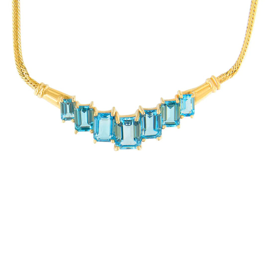 14K Yellow Gold 10.0 Cttw Emerald-Cut Blue Topaz 7-Gemstone Chevron Fashion Pendant Necklace on 18" Herringbone Chain