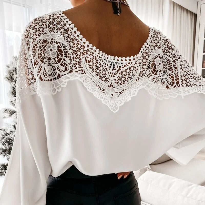 Blusas de encaje con bordado de crochet de otoño - Tops vintage de talla grande para mujer