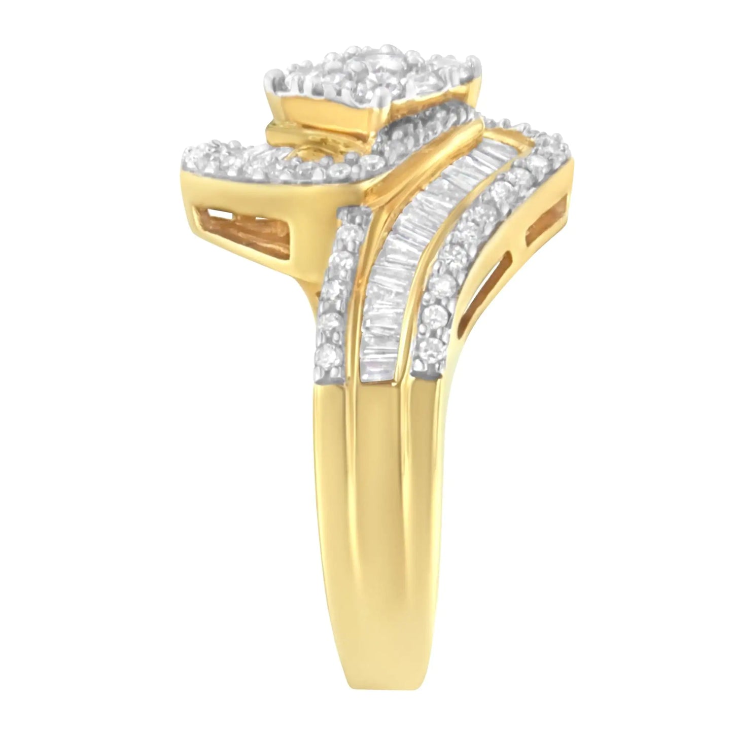 14K Yellow Gold 1.0 Cttw Baguette & Brilliant-Cut Diamond Round Floral Cluster Engagement or Fashion Ring with Swirl Wrapped Triple Row Band (H-I Color, SI2-I1 Clarity)