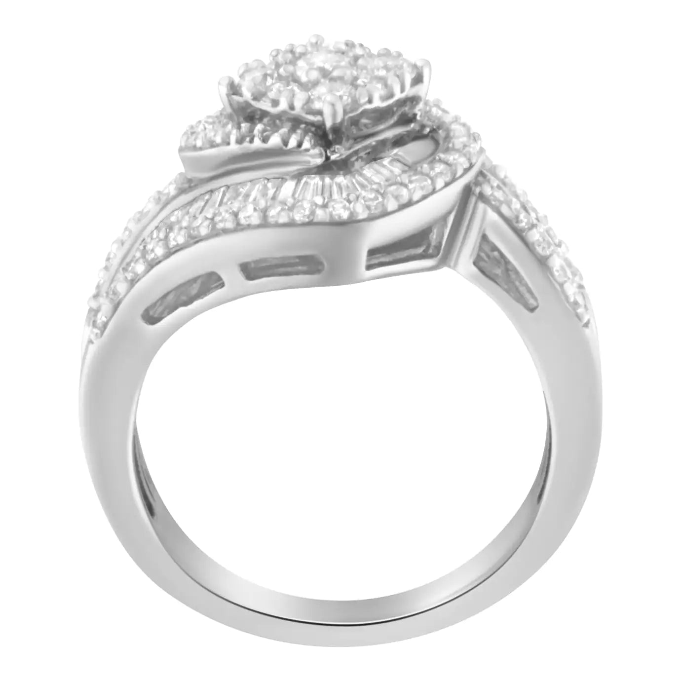 14K White Gold 1.0 Cttw Baguette & Brilliant-Cut Diamond Round Floral Cluster Engagement or Fashion Ring with Swirl Wrapped Triple Row Band (H-I Color, SI2-I1 Clarity)