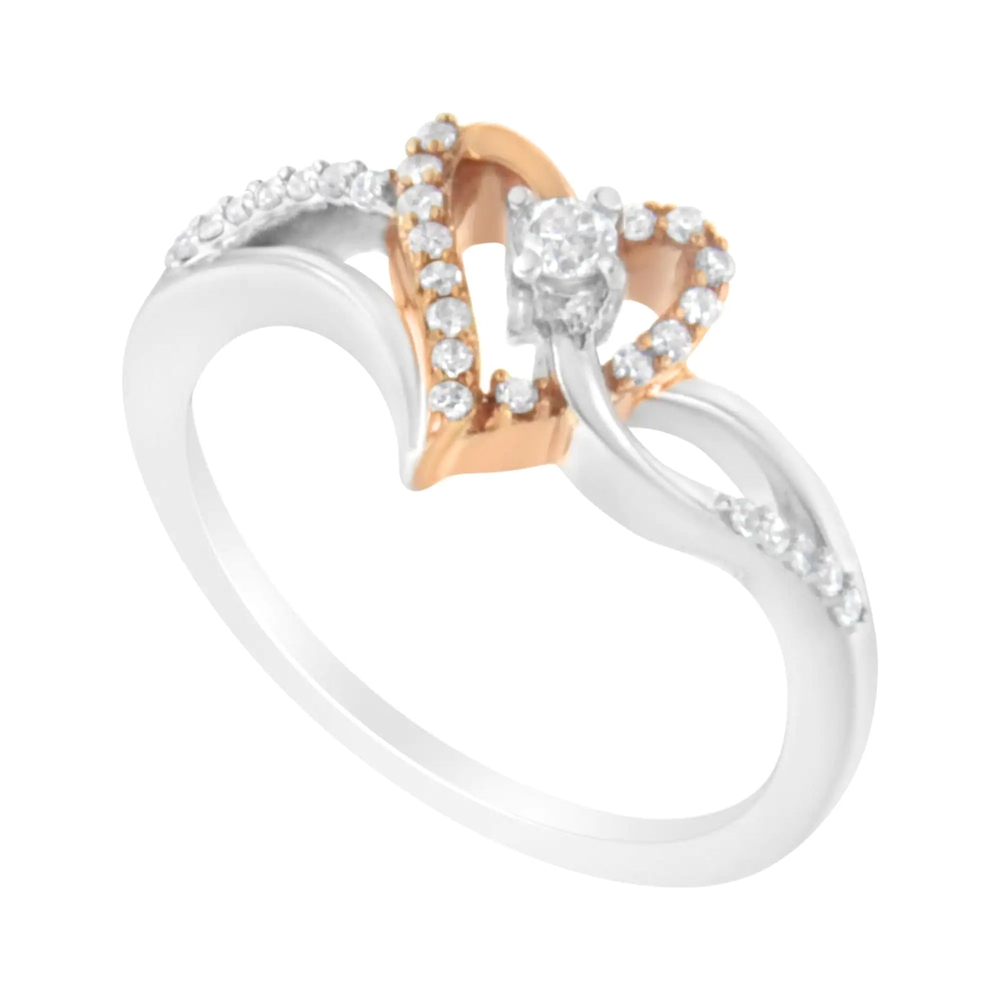 10K Rose Gold Plated .925 Sterling Silver 1/5 Cttw Diamond Two Tone Open Heart Promise or Fashion Ring (I-J Color, I2-I3 Clarity)