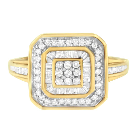 10K Yellow Gold 1/2 Cttw Round & Baguette-Cut Diamond Vintage-Inspired Square Cluster Framed Double Halo Cocktail Fashion Ring (H-J Color, SI2-I1 Clarity)