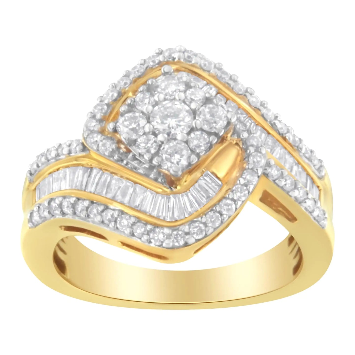 14K Yellow Gold 1.0 Cttw Baguette & Brilliant-Cut Diamond Round Floral Cluster Engagement or Fashion Ring with Swirl Wrapped Triple Row Band (H-I Color, SI2-I1 Clarity)